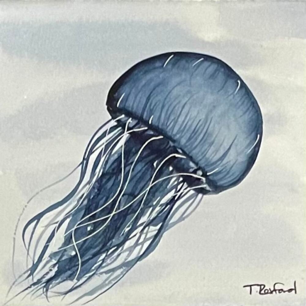 Hand painted watercolor original painting blue jellyfish